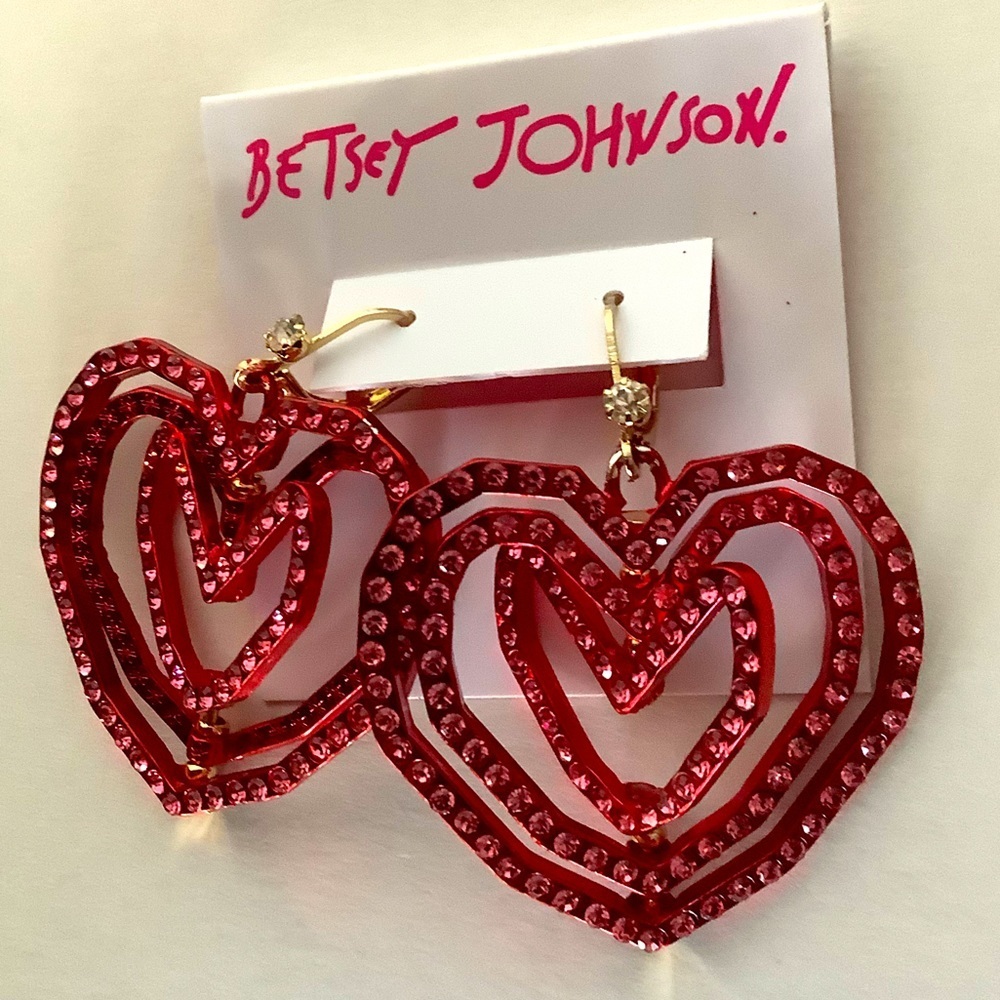 Betsey Johnson Look Into Your Heart Red Crystal Hook Earrings New